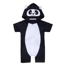 Macacão Curto Fantasia Panda Com Bordado No Capuz