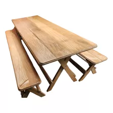 Mesa Con Par De Bancas Plegables, 100% Madera De Roble