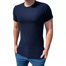 Camiseta Canelada Slim Masculina Manga Curta Azul Marinho