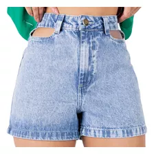 Short Jeans Feminino Vazado Aberturas Laterais Barra Feita