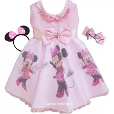 Vestido Festa Minnie Rosa Fashion Infantil Frete Gratis