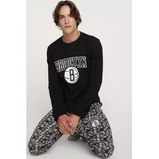 Pijamas Brooklyn Nets Nba Manga Larga Algodón Hombre