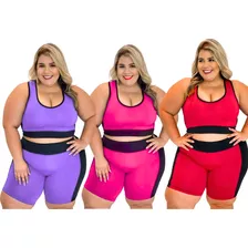 Kit 3 Conjuntos Fitness Top E Short Ciclista Plus Size