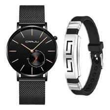 Relógio Masculino Crrju Funcional Casual Luxo Com Pulseira Cor Da Correia Preto Cor Do Bisel Preto Cor Do Fundo Preto