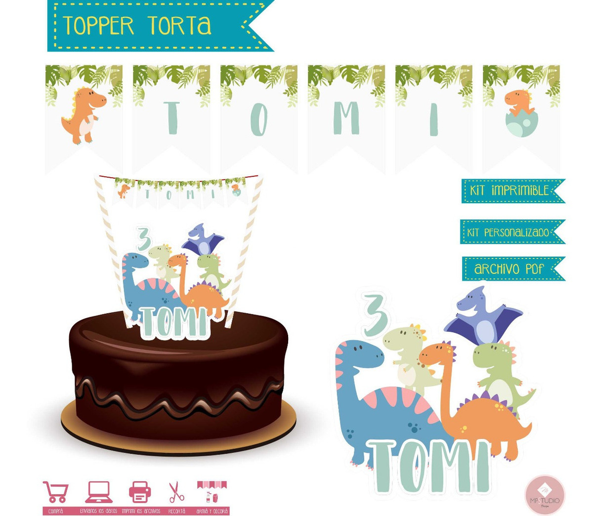 Cake Topper Adorno Torta Imprimible Dinosaurio Personalizad - Avisos en  Souvenirs, Cotillón y Fiestas