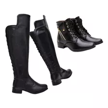 Kit 2 Pares Botas Feminina Montaria Cano Longo E Coturno