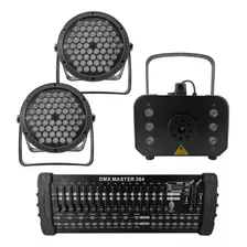 Kit 2 Par Led 3 Em 1 + Máq. De Fumaça 1200w + Mesa Dmx 384