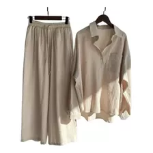 Conjunto Feminino De Camisa E Calça De Linho De Algodão