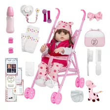 Boneca Reborn De Silicone Girafa Pode Dar Banho + Carrinho