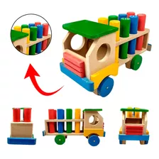 Caminhão Com Pinos Madeira - Brinquedo Educativo De Encaixe