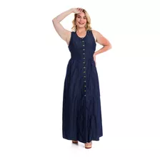 Vestido Longo Jeans Plus Size De Botões Sem Mangas Premium