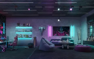 Sala com fitas LED posicionadas abaixo de prateleiras