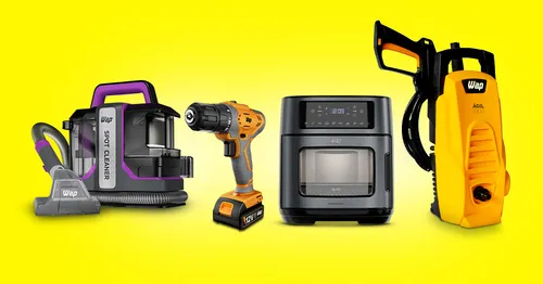 Produtos WAP: aspirador, furadeira, forno elétrico, lavadora de alta pressão, todos sobre fundo amarelo