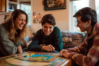 Amigos sonrientes jugando juego de mesa