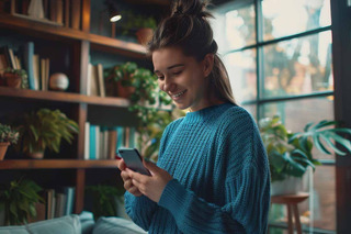 mujer sonriendo mirando el celular