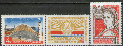 Rusia 3 Sellos 25° Aniv. Estonia, Letonia, Lituania Año 1965