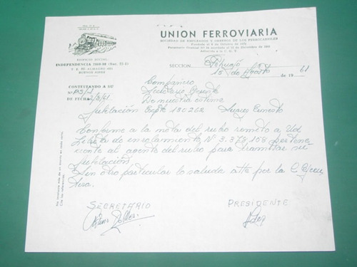 Ferrocarriles Union Ferroviaria Nota 15/8/61 Pehuajo Jubilac