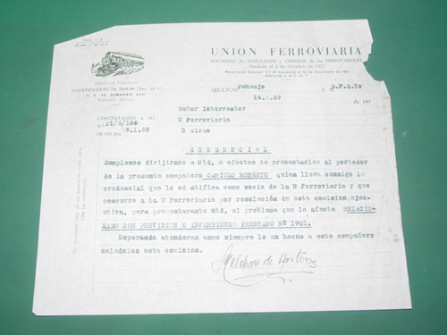 Ferrocarriles Union Ferroviaria Nota 14/2/59 Credencial