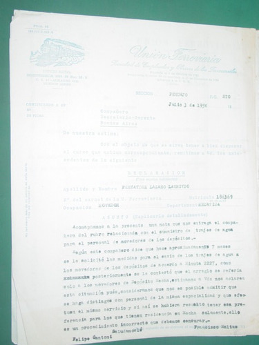 Union Ferroviaria Nota 3/7/54 Solicitud Por Trajes De Agua