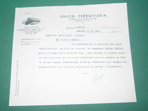 Ferrocarriles Union Ferroviaria Nota 13/2/62 Tramite Pension