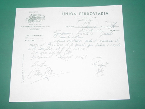 Ferrocarriles Union Ferroviaria Nota 15/8/61 Pehuajo Renunc