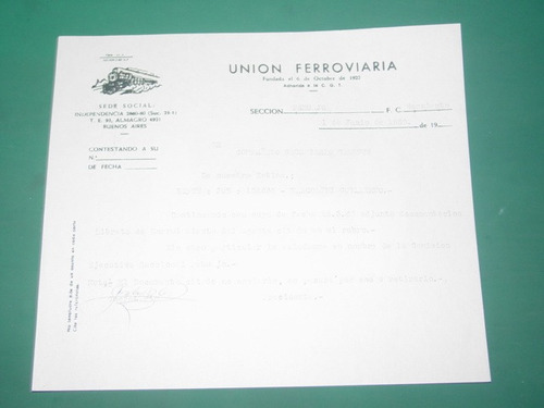 Ferrocarriles Union Ferroviaria Nota 1/6/62 Exped Jubilacion