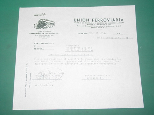 Ferrocarriles Union Ferroviaria Nota 26/8/56 Tramite Pension