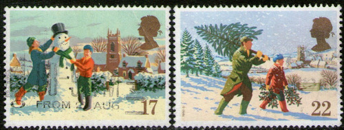 Reino Unido 2 Sellos Usados Navidad Muñeco De Nieve Año 1990