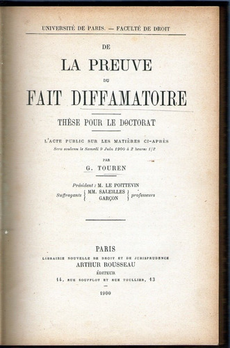 De La Preuve Du Fait Diffamatoire G. Touren 1900