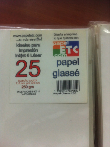 Papel Glasse De 200grs Y 250grs T. Carta. Resma De 25 Hojas