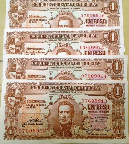 Lote De 4 Billetes Nuevos  Correlativos Rou 1 Pesos Año 1939
