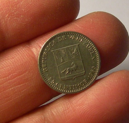 Moneda 25 Centimos, Venezuela, 1965.