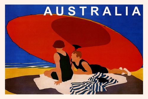 Australia Casal Praia Guarda Sol Mar Vintage Poster Repro