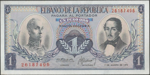 Colombia, 1 Peso 7 Ago 1973 Bgw076 7 Largo