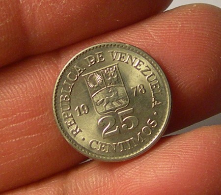 Moneda 25 Centimos, Venezuela, 1978.
