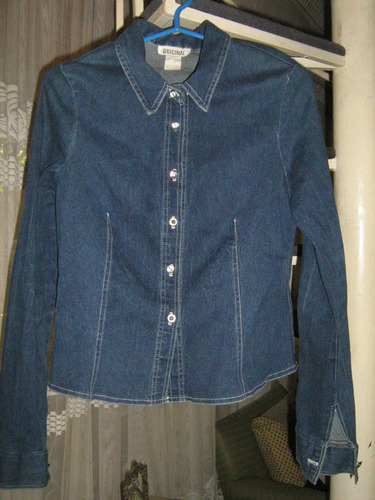 Blusa Entallada Elasticada Jeans Azul Oscuro Denim Talla 38