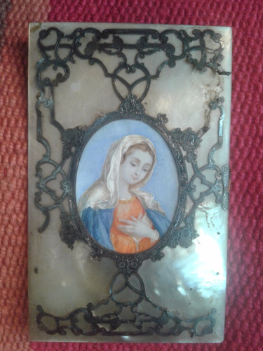 Antigua Micro Pintura Plata Madreperla Virgen Maria Misal