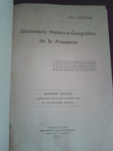 Diccionario Histórico  Geográfico De La Araucania