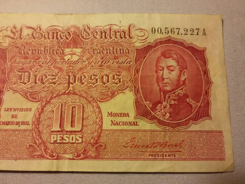 Bottero N 1927. Billete De 10 Pesos Moneda Nac. Firmas Rojas