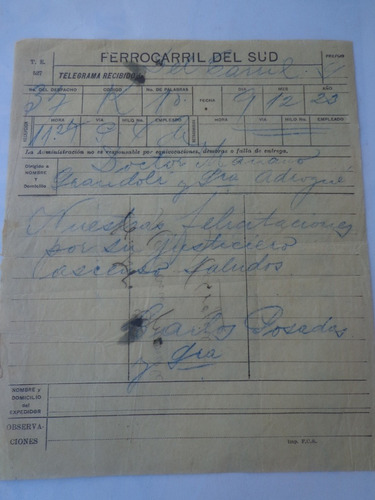 Telegrama Año 1923 Ferrocarril Sud, Mas Boletin De Servicio