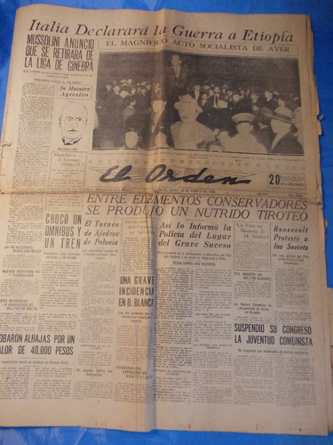 Clipping Diario El Orden 26-8-1935 Italia Declara Guerra