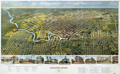 Lienzo Canvas Arte Plano Mapa Houston Texas 1891 50x80