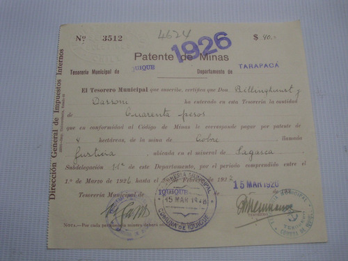 Patente De Minas Tarapaca Iquique 1926