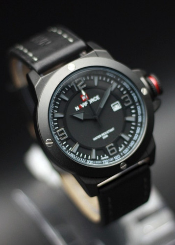 Relógio Masculino Couro Preto Analógico Naviforce + Nfe