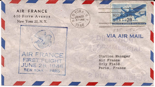 Envelope 1º Vôo Air France New York Paris 1946 Carimbo Espec