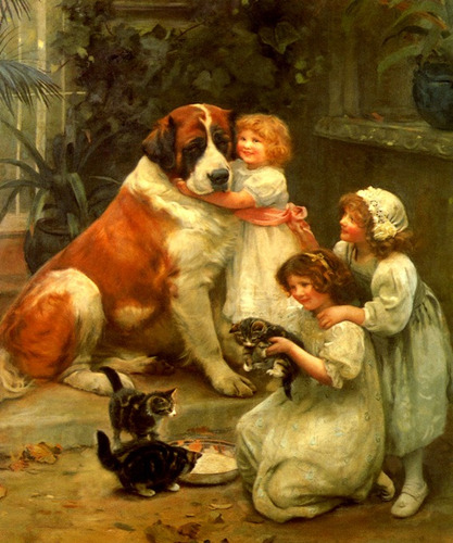 Meninas Brincando Gatos Cachorro Pintor Elsley Tela Repro