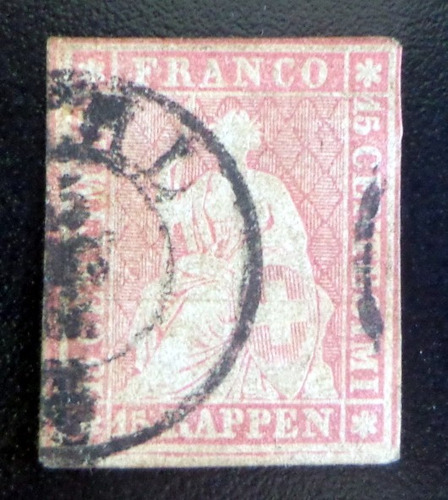 Suiza, Sello Yv. 28b Helvetia 15r Papel Mediano Usado L8937