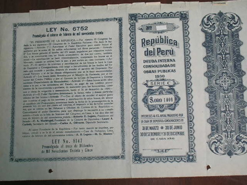Bono De Deuda Interna Consolidada De 1930 De 1000 Soles (Usado)