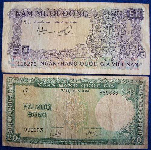Imagen 1 de 2 de Vietnam Del Sur 20 Dong 1964 Y 50 Dong 1966 * 2 Billetes *