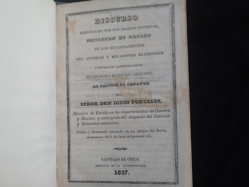 Discurso De Joaquín Tocornal Muerte De Diego Portales 1837